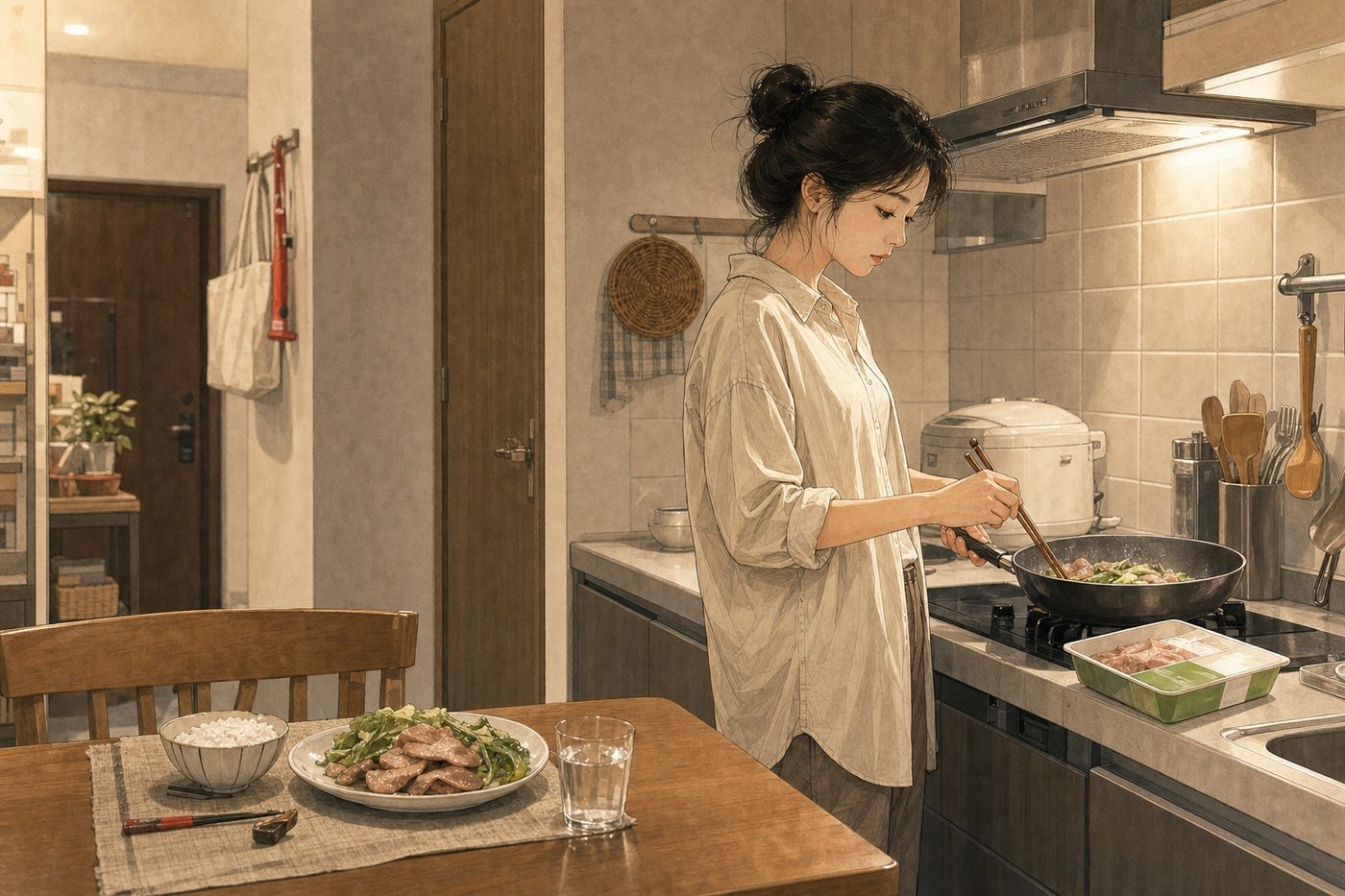 中国家庭厨房里准备一个人的晚餐