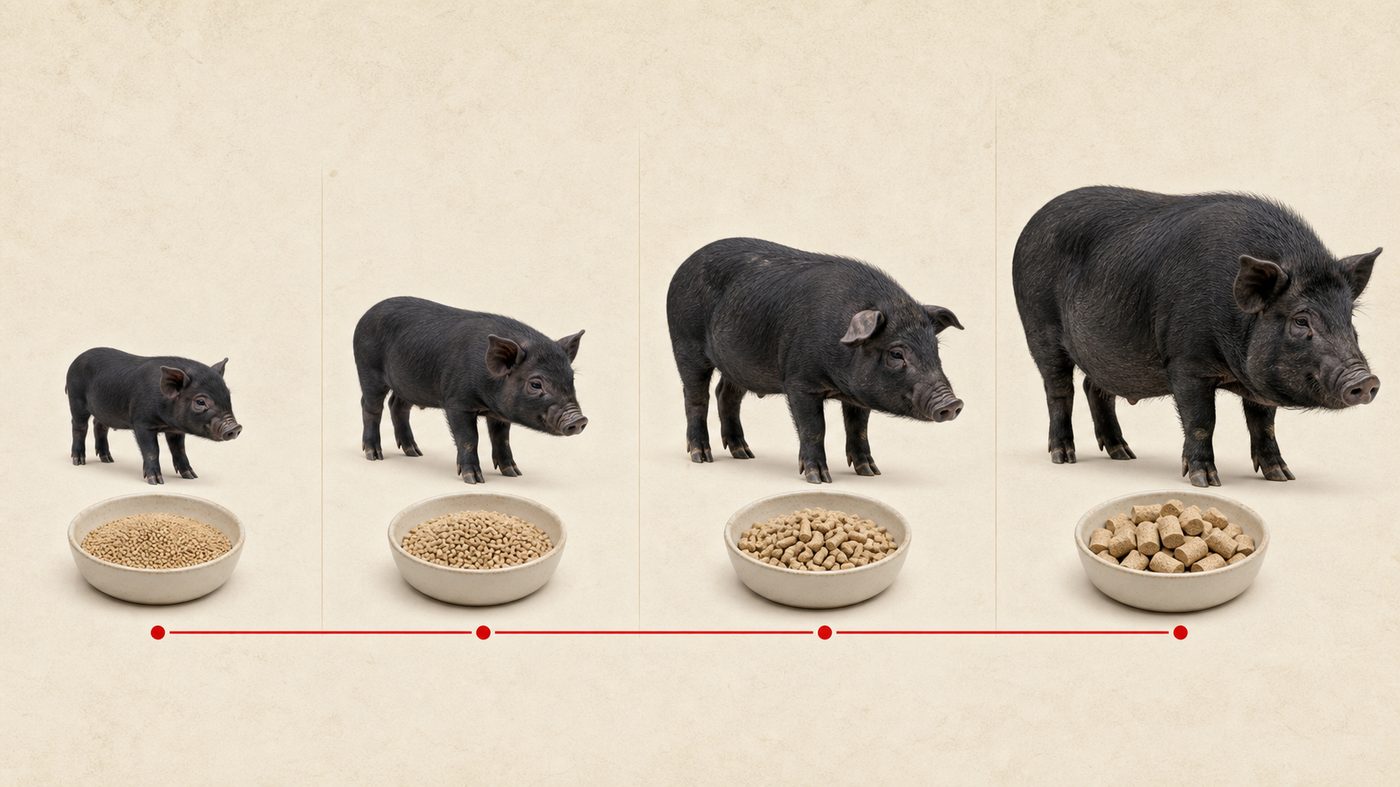 AI生成的四阶段黑猪成长与饲喂逻辑示意