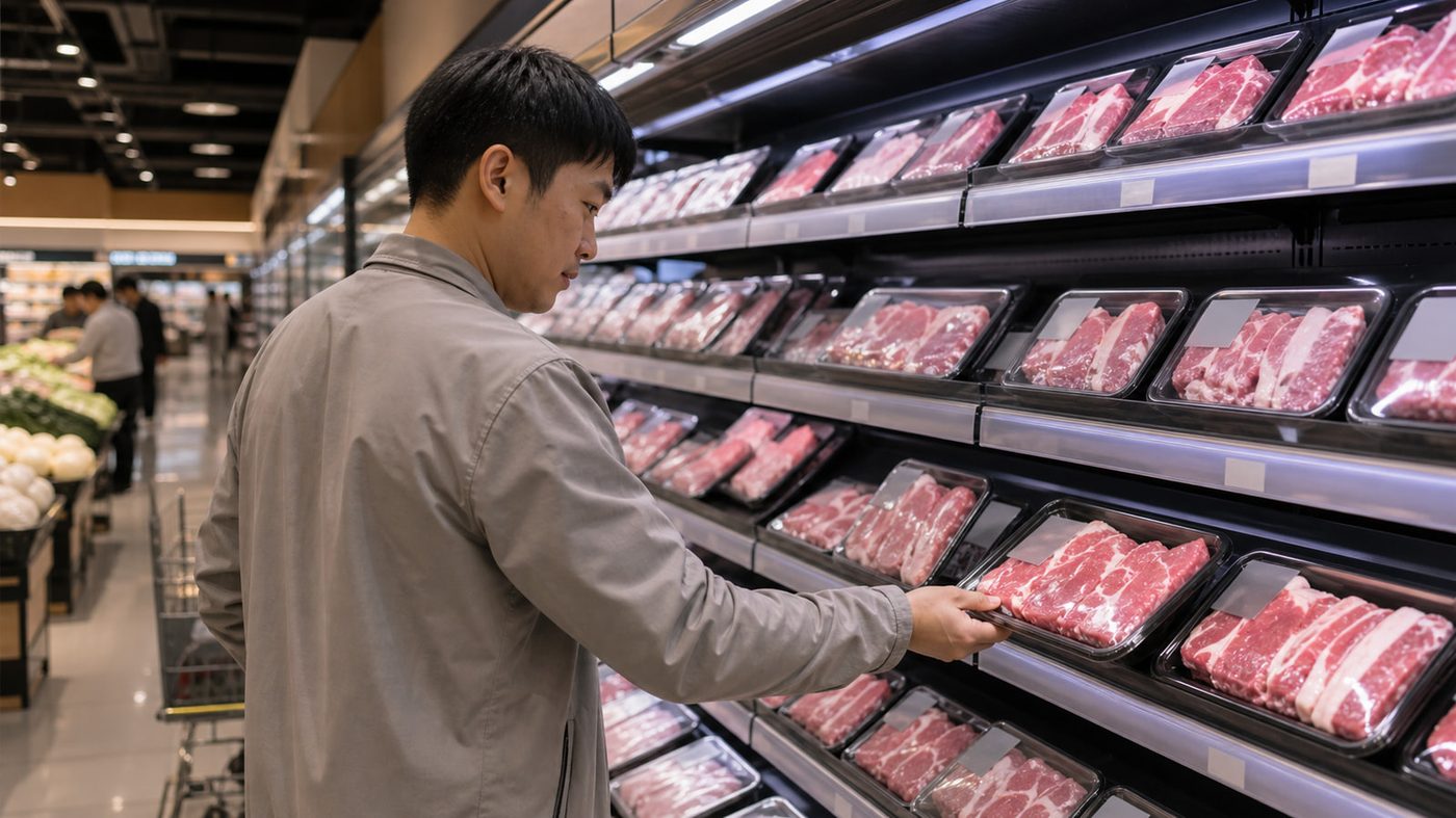 示意：商超冷柜前选购托盒鲜肉（AI 生成）